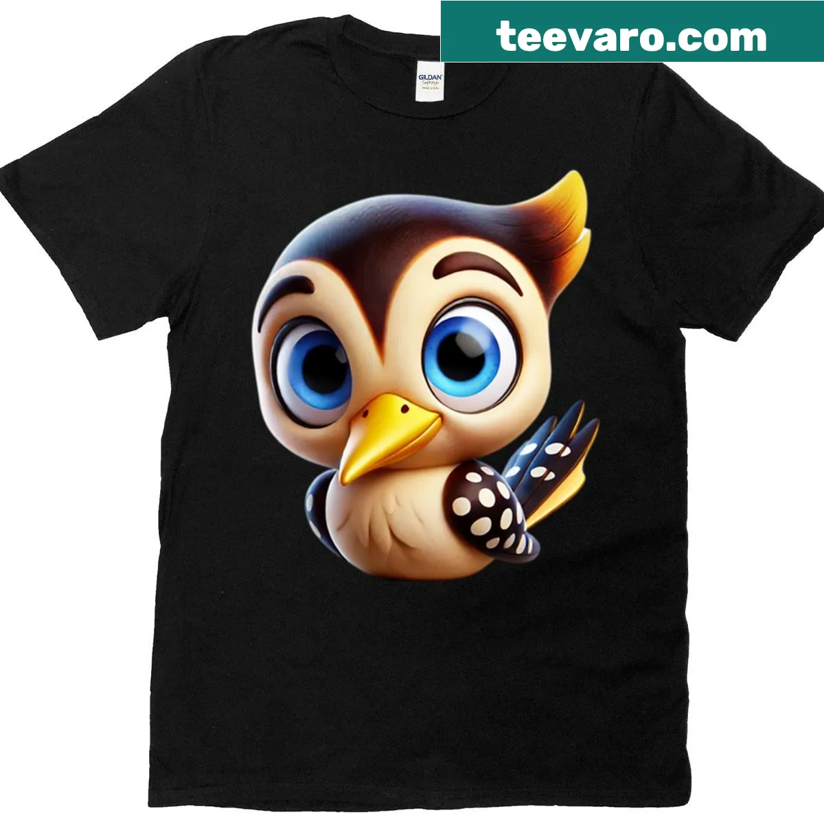 Illustrated t-shirt featuring an adorable woodpecker design — on a men's t-shirt