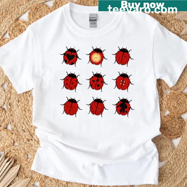 Illustrated ladybug graphic on a T-shirt