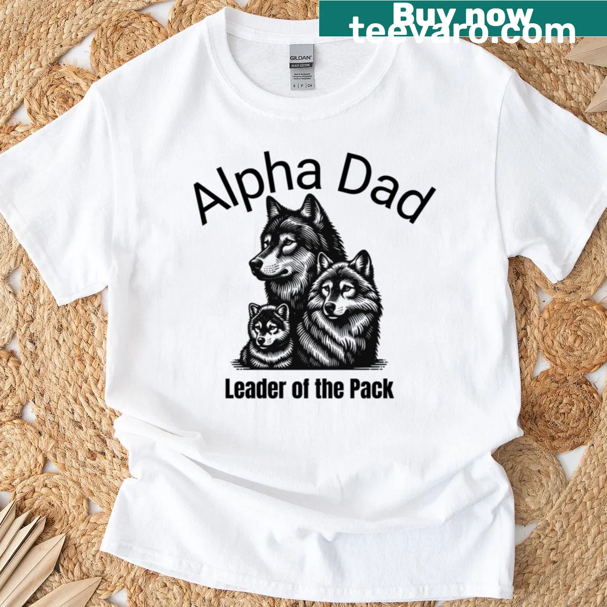 Funny T-shirt depicting an Alpha Dad leading his family. — on a men's t-shirt