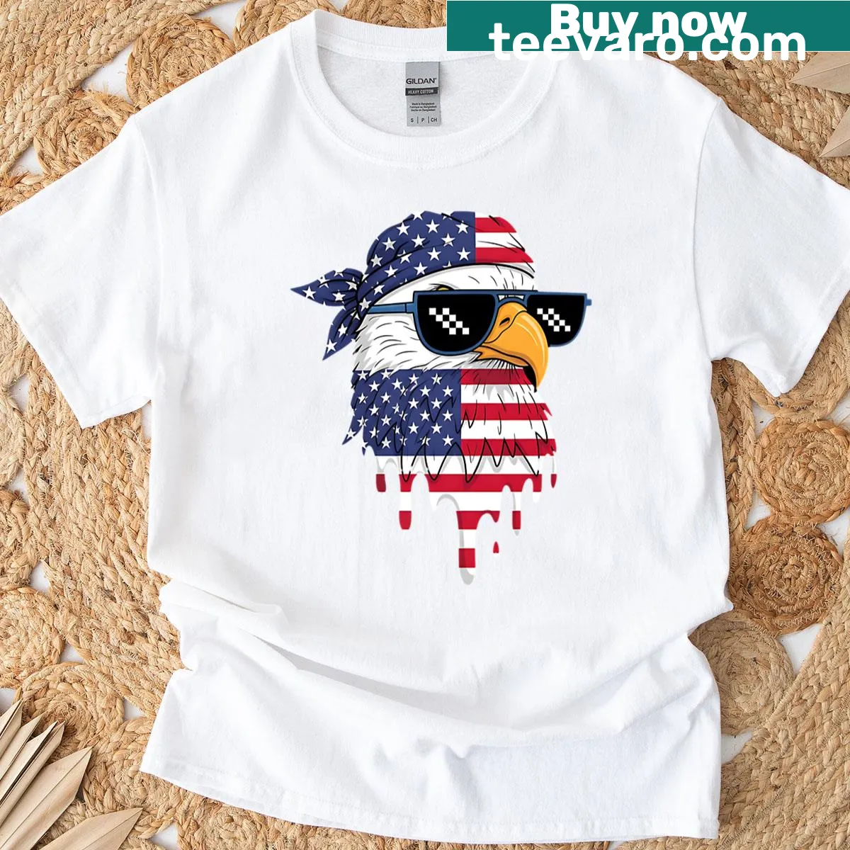 Patriotic T-shirt with a bald eagle and American flag design — on a men's t-shirt