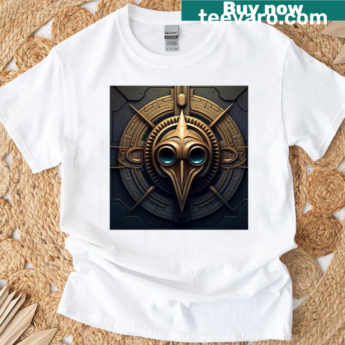 Aztec-inspired T-shirt featuring Birdman graphic and sun ornament. — on a men's t-shirt