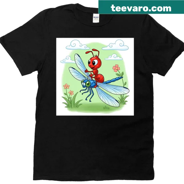 Illustration of an ant on a dragonfly on a T-shirt