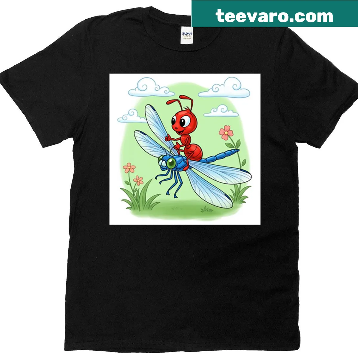 Illustration of an ant on a dragonfly on a T-shirt — on a men's t-shirt