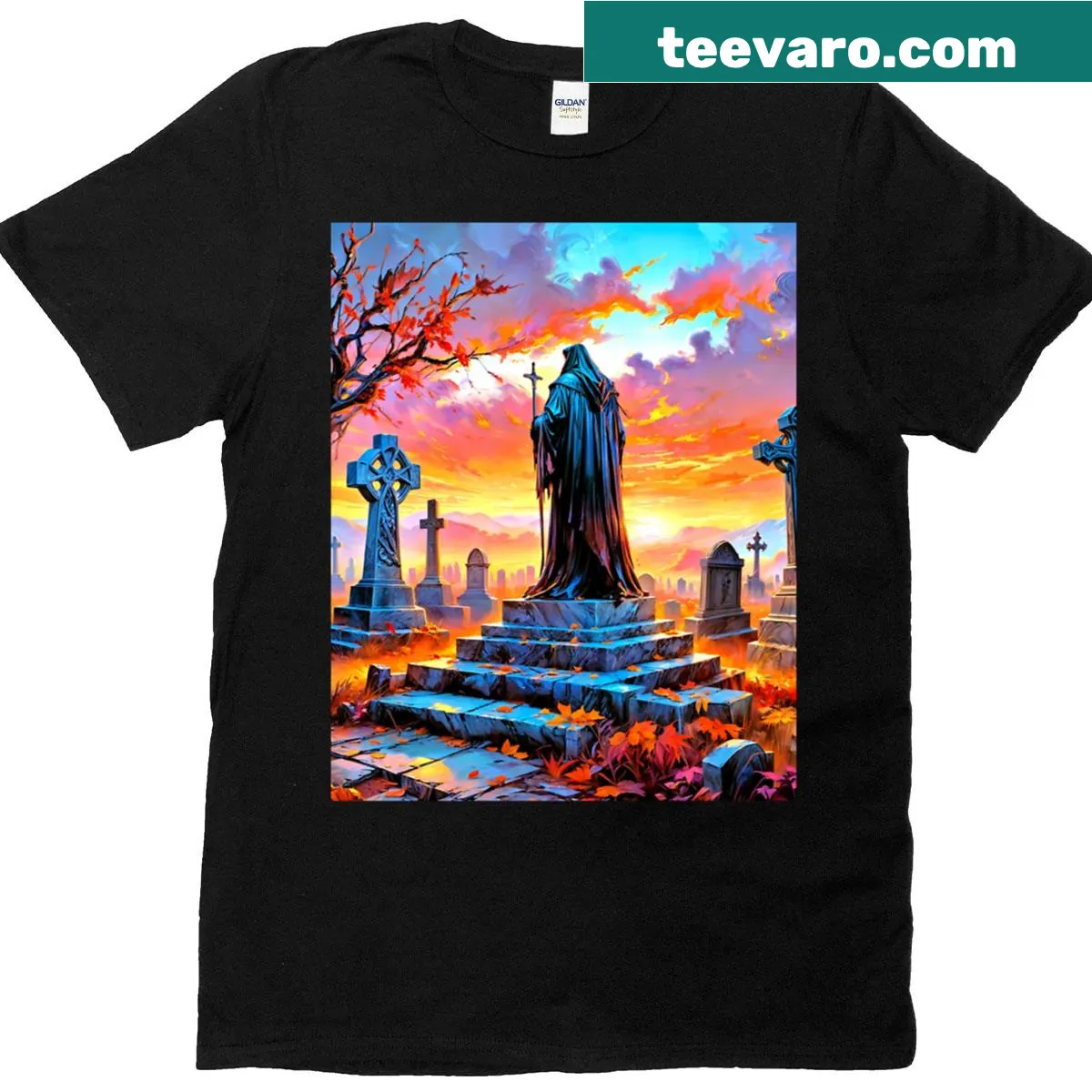 Graphic T-shirt featuring an autumn gothic graveyard design — on a men's t-shirt