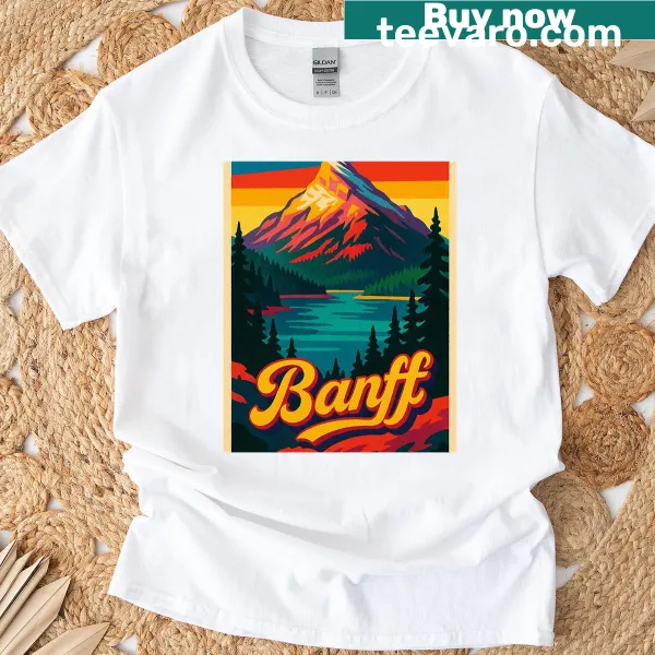Vintage-style travel poster graphic of Banff National Park