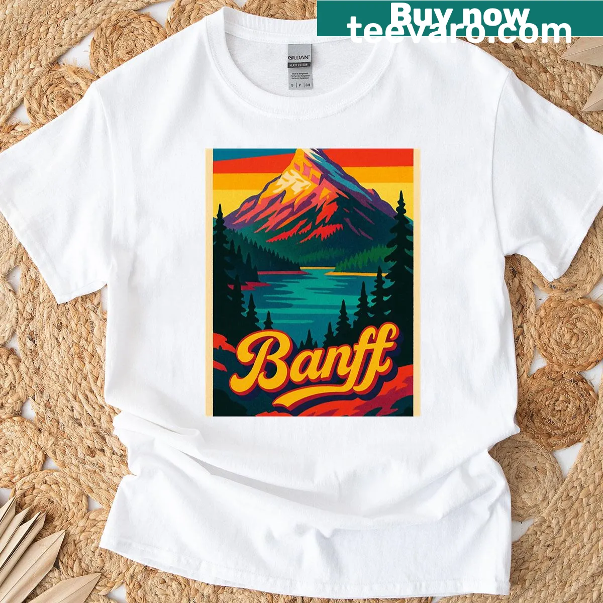 Vintage-style travel poster graphic of Banff National Park — on a men's t-shirt