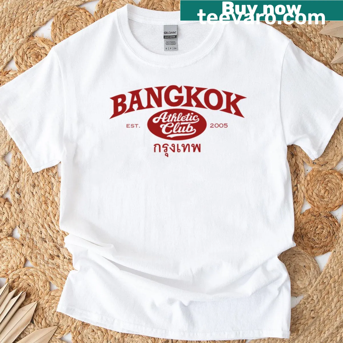 Bold Bangkok athletic lettering on a T-shirt — on a men's t-shirt
