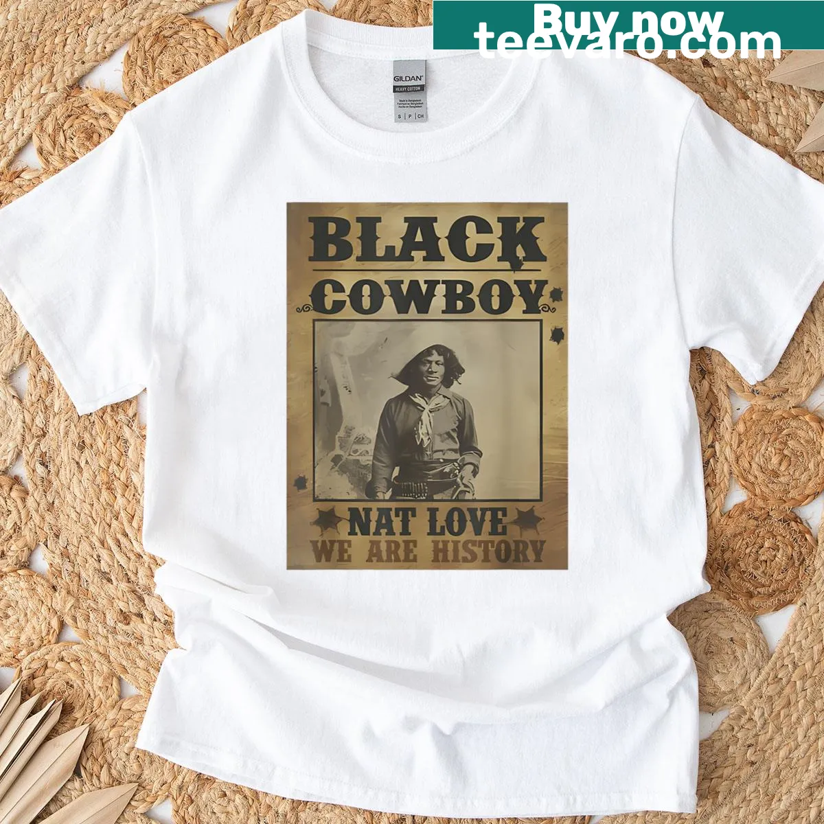 T-shirt with badge-emblem design honoring black cowboy heritage — on a men's t-shirt