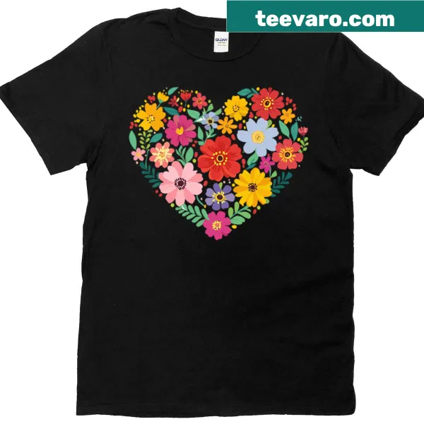 Illustrated t-shirt featuring a heart made of blooming flowers