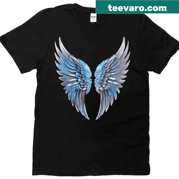 Illustration of blue silver angel wings on T-shirt