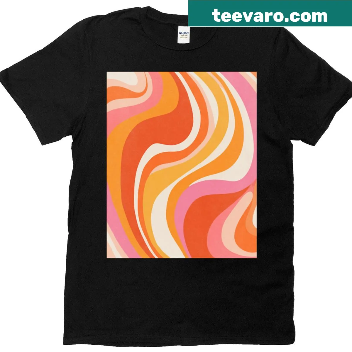 Retro 70s abstract swirl pattern on a t-shirt. — on a men's t-shirt