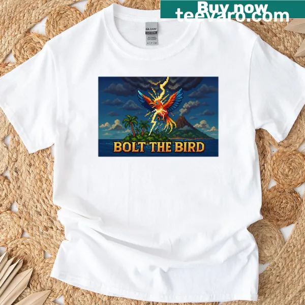 Playful bird graphic named Bolt on a t-shirt