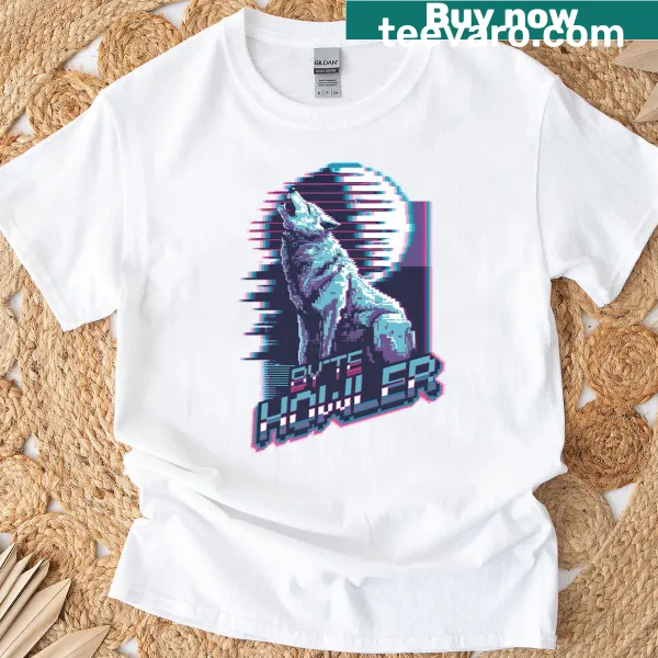 Glitch art T-shirt featuring a wolf design in a digital style