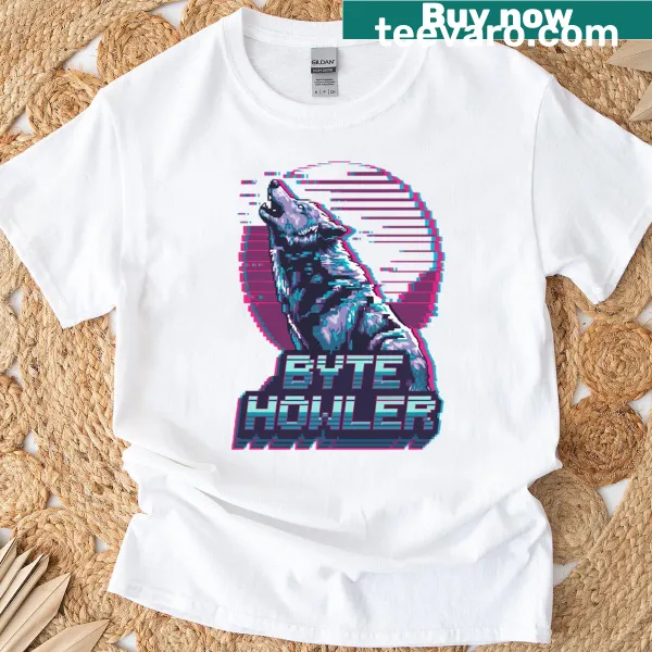 Graphic of a glitch wolf howling on an oversized t-shirt