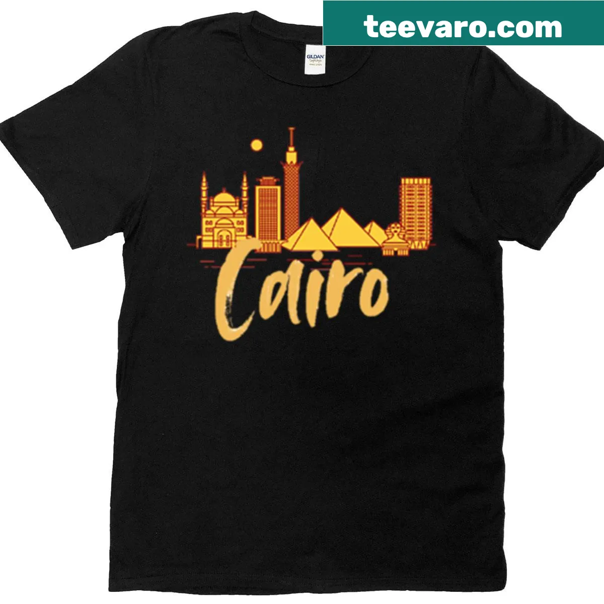 Illustrated t-shirt featuring iconic Cairo landmarks — on a men's t-shirt