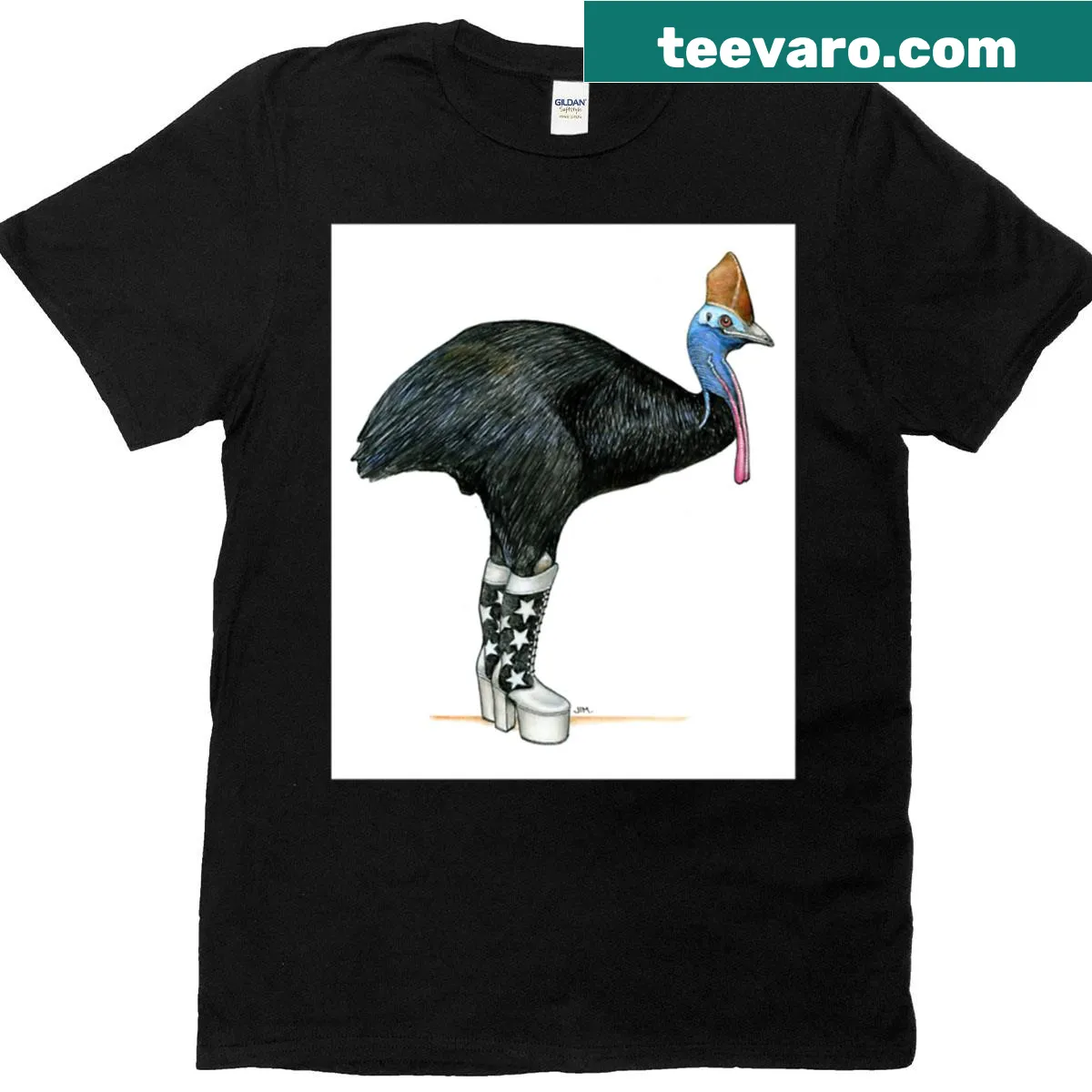 Illustrated cassowary wearing kiss boots on T-shirt — on a men's t-shirt
