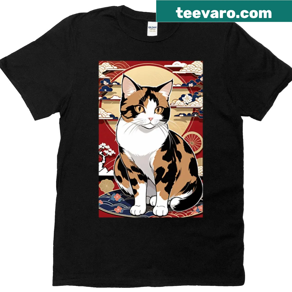 Premium t-shirt featuring a cat design with Japanese details — on a men's t-shirt