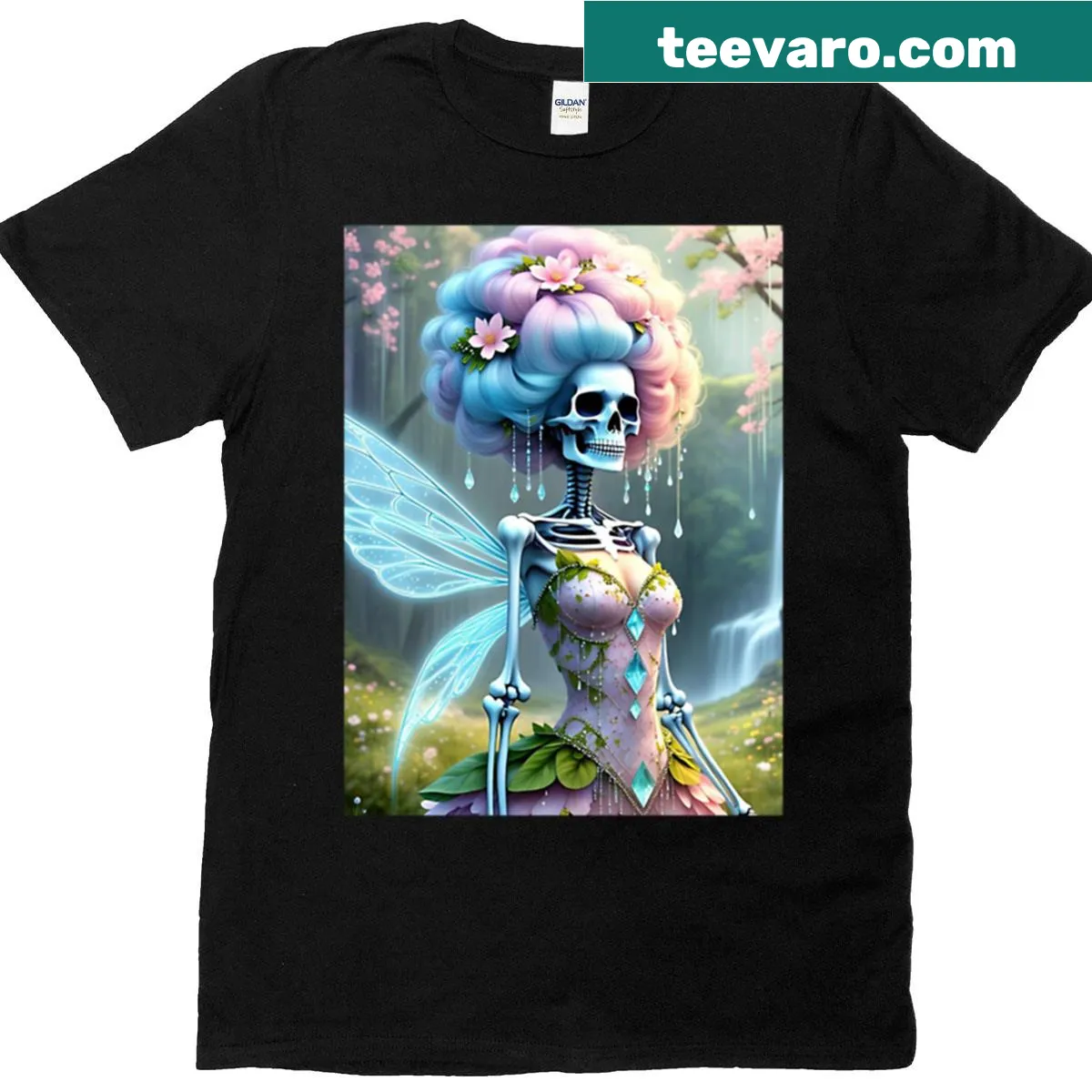 Illustrated t-shirt featuring a skeletal fairy among cherry blossoms and a waterfall — on a men's t-shirt
