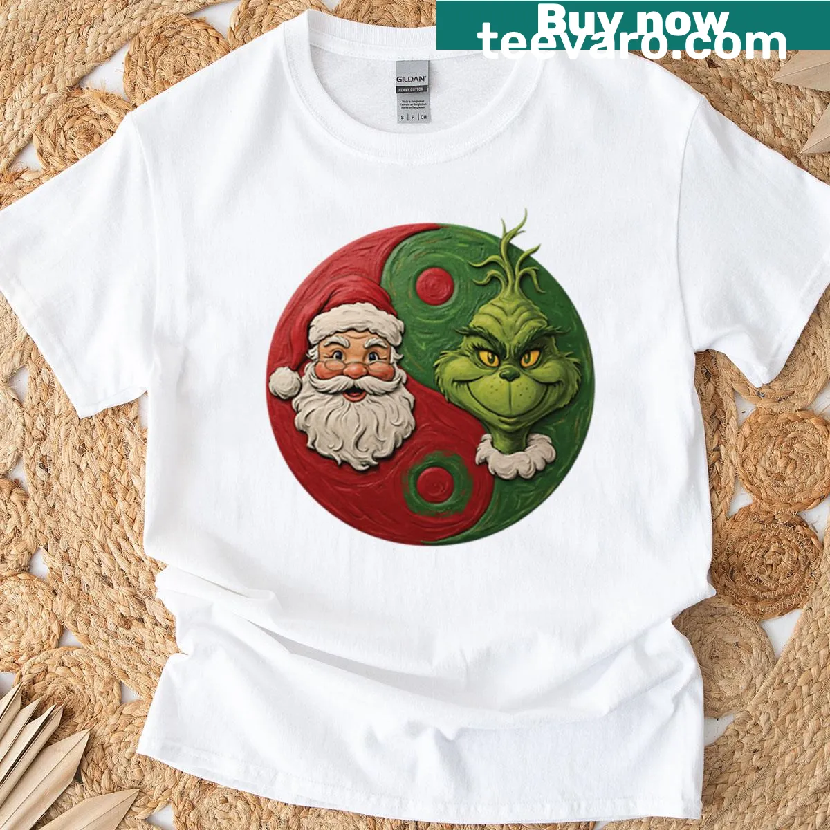 Yin Yang design with Santa and Grinch on a T-shirt — on a men's t-shirt