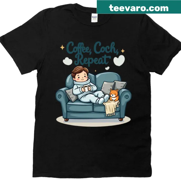 Typography design featuring coffee couch repeat motif on T-shirt