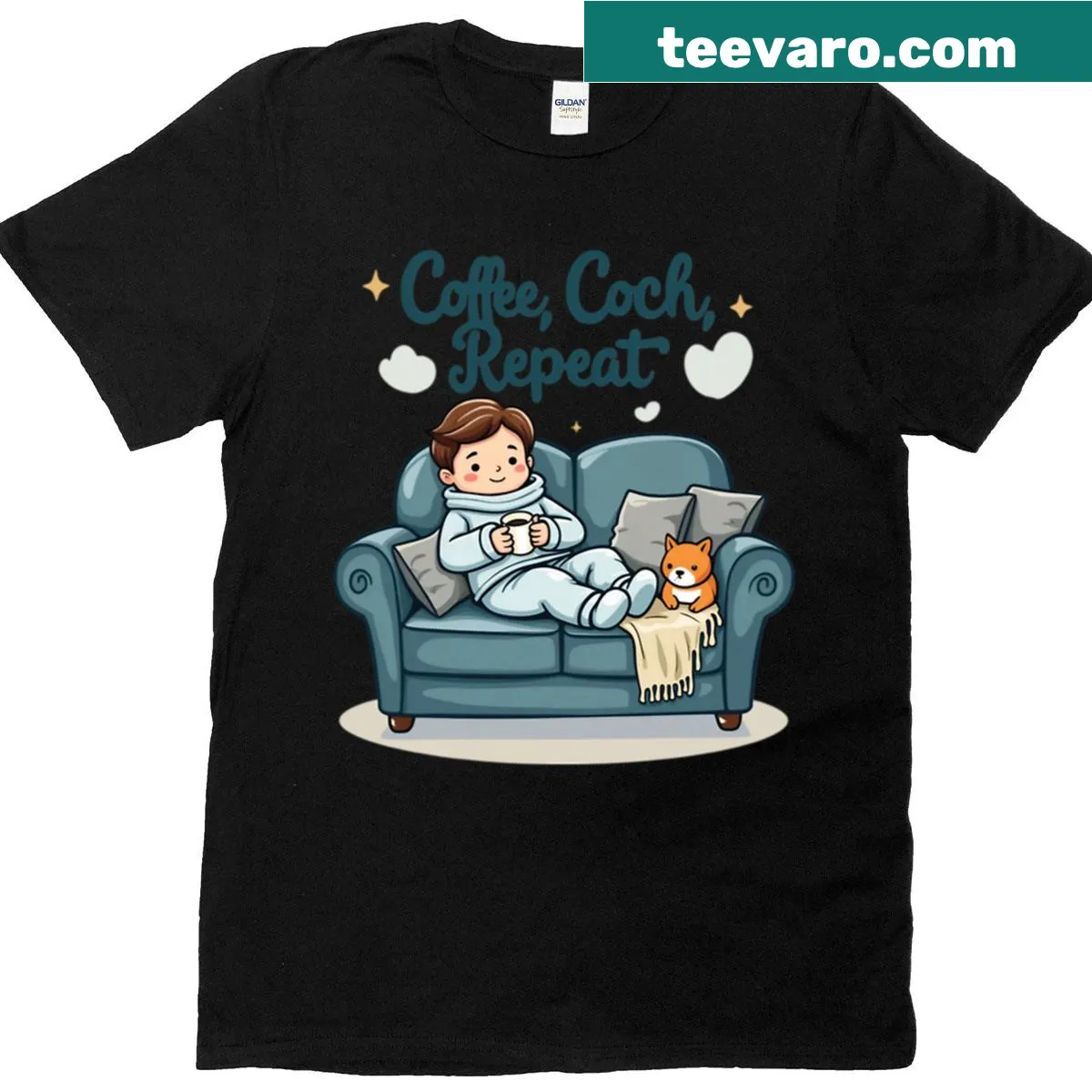 Typography design featuring coffee couch repeat motif on T-shirt — on a men's t-shirt
