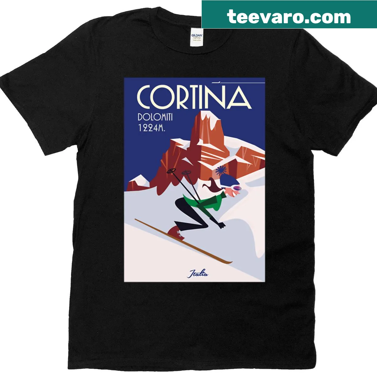 Ski-themed graphic on Cortina Dampezzo T-shirt — on a men's t-shirt