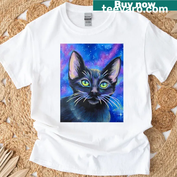Graphic of a black kitten in a starry cosmic setting