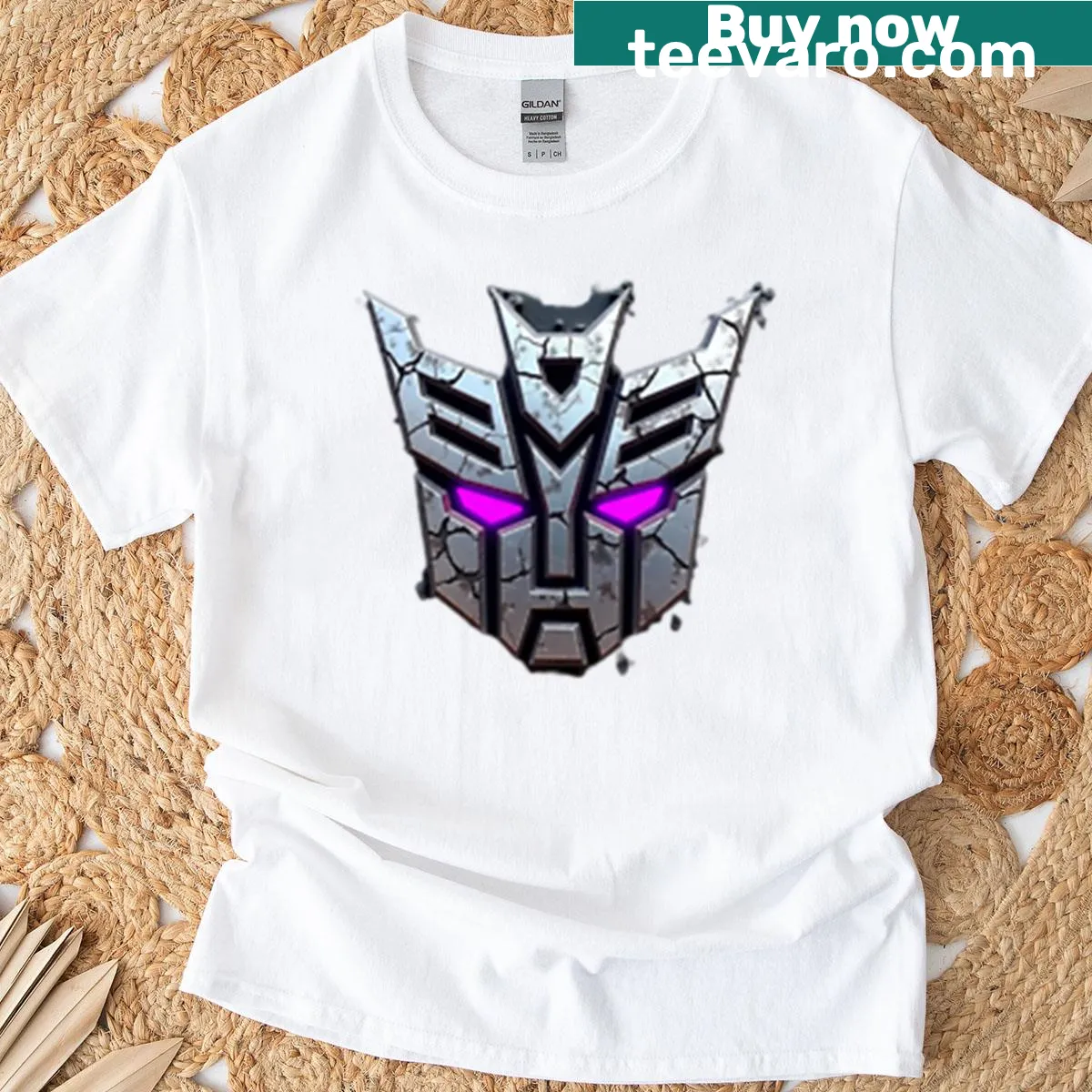 Edgy t-shirt featuring cracked Decepticon logo design — on a men's t-shirt