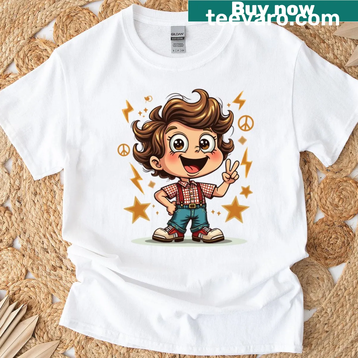 Illustration of a cute boy with big eyes and peace sign on T-shirt — on a men's t-shirt