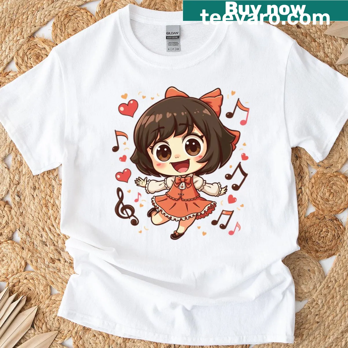Illustration of a cute girl dancing with big eyes — on a men's t-shirt