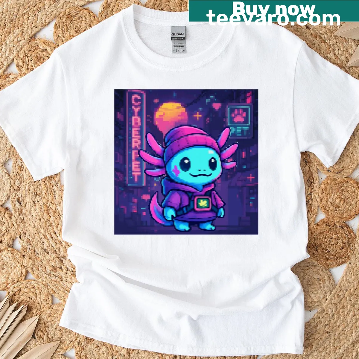 Cartoonish cyber axolotl design in an oversized t-shirt — on a men's t-shirt