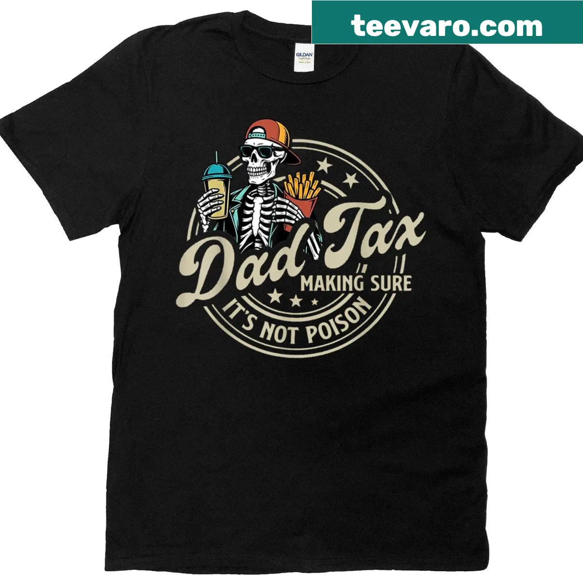 Skeleton Dad Tax humorous graphic on T-shirt — on a men's t-shirt