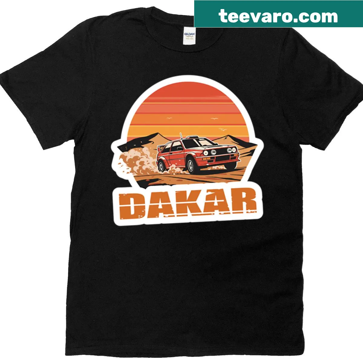 Vintage-style graphic featuring a rally car against a sunset on a T-shirt. — on a men's t-shirt