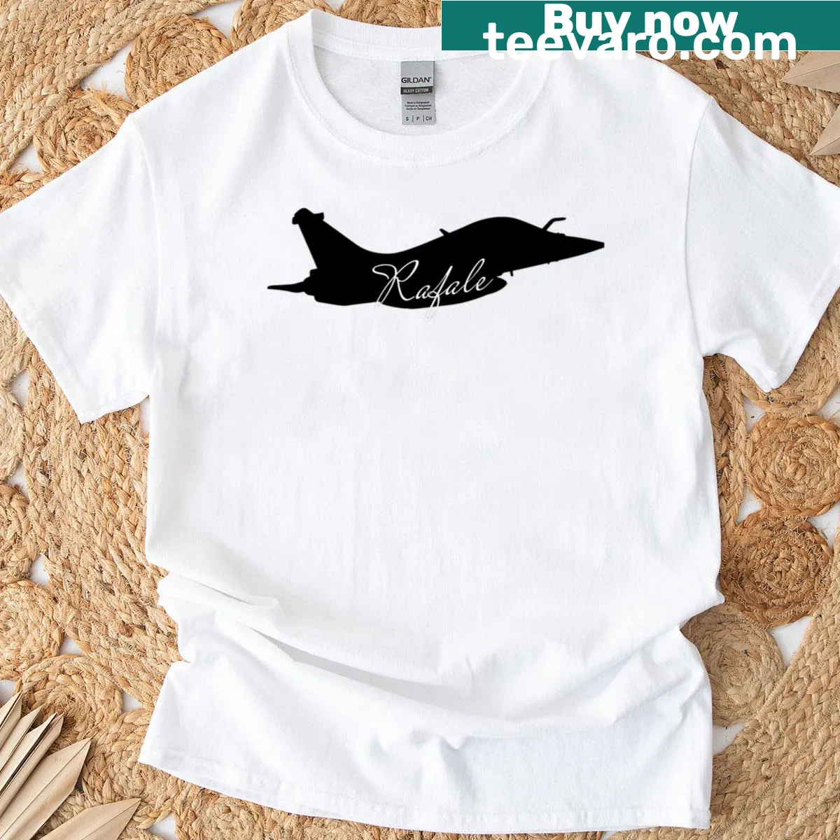T-shirt featuring a detailed illustration of the Dassault Rafale fighter jet — on a men's t-shirt