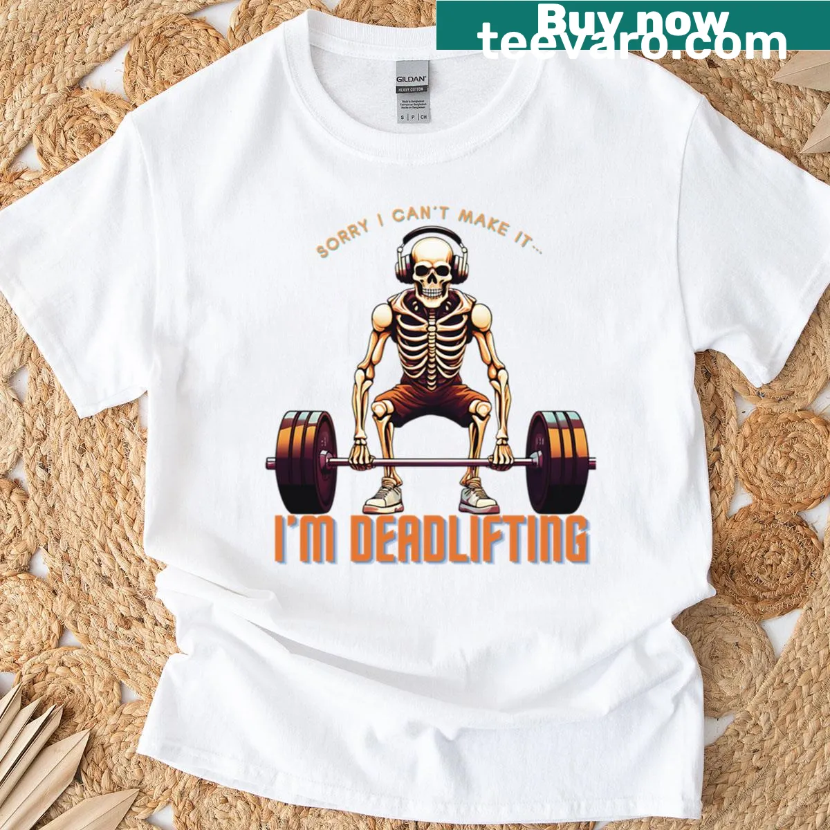 Skeleton in deadlift pose on a T-shirt — on a men's t-shirt