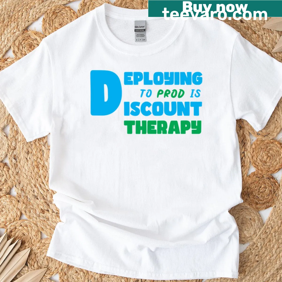 Funny t-shirt about software deployment as discount therapy — on a men's t-shirt