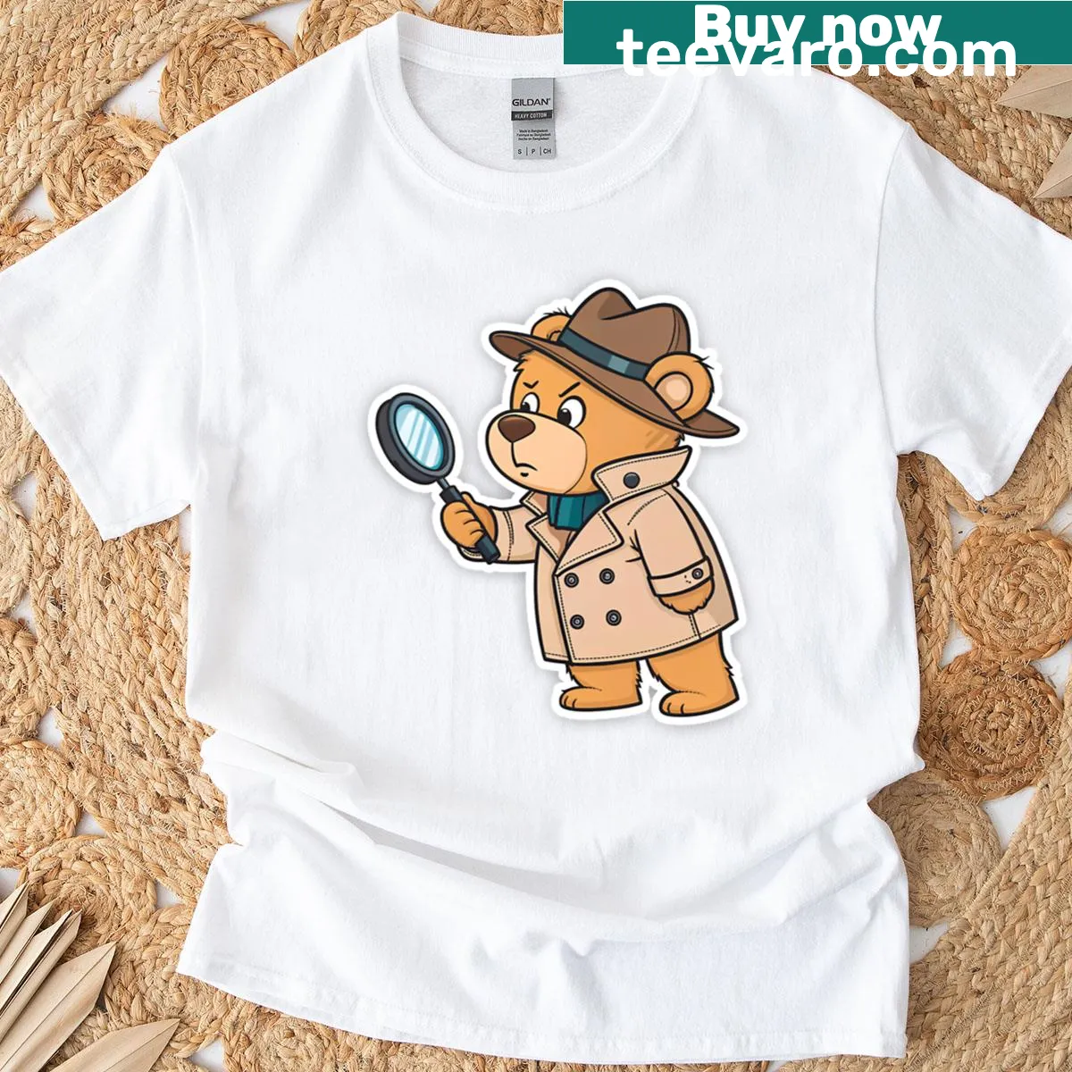 Illustration of a teddy bear detective in a trench coat and hat — on a men's t-shirt