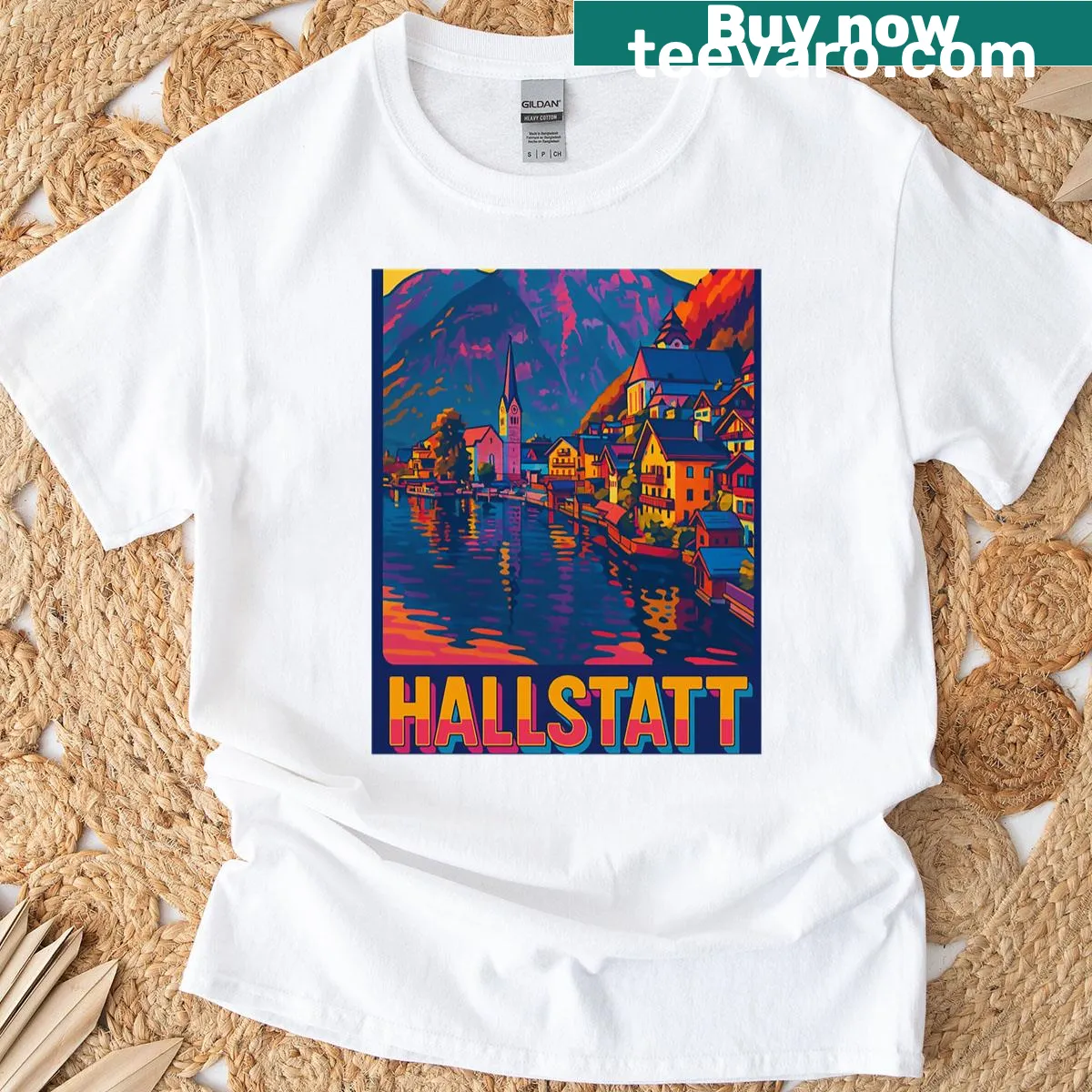 Illustration of Hallstatt village in a retro pop art style on a t-shirt — on a men's t-shirt