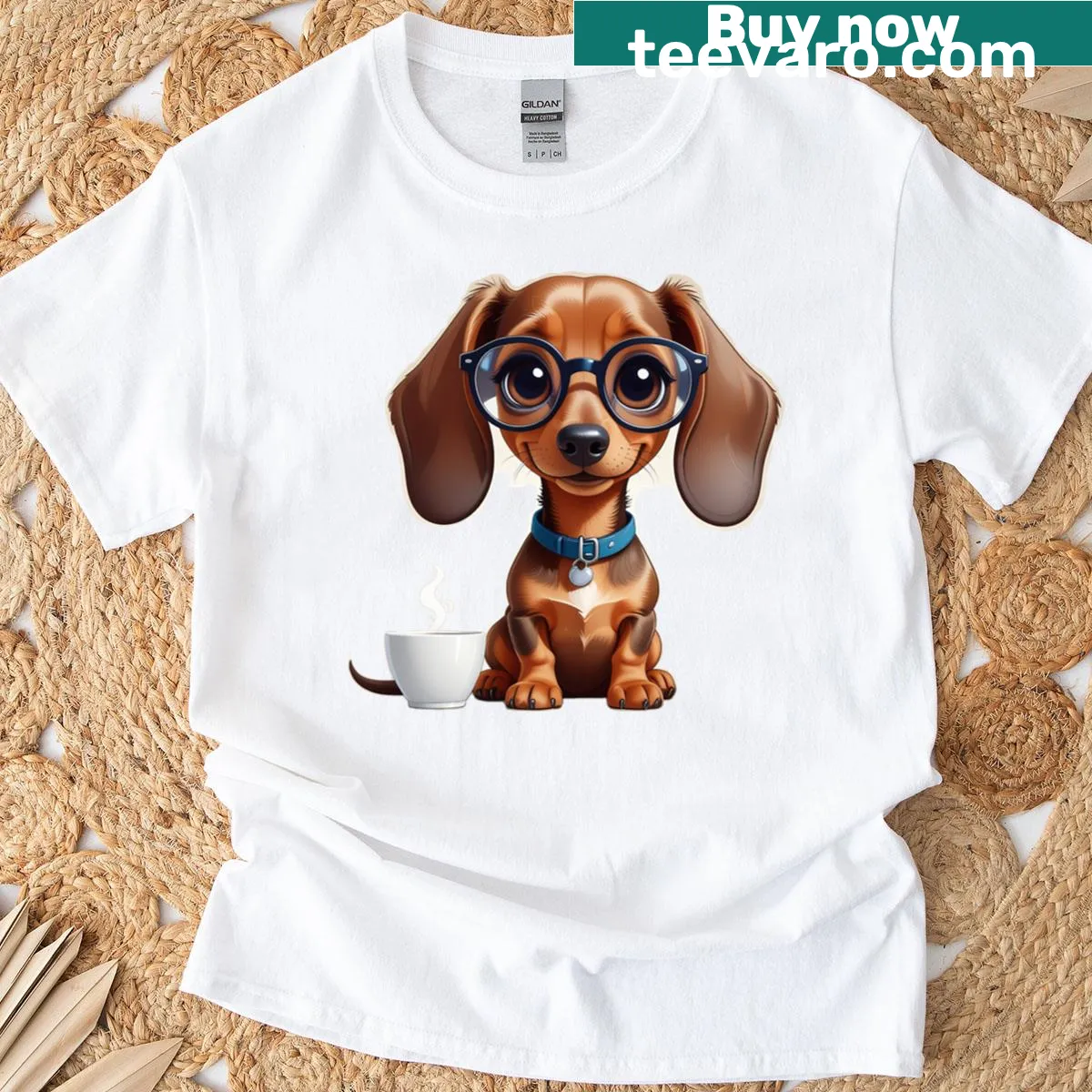 Cartoon dog holding a cup of coffee in a whimsical design — on a men's t-shirt