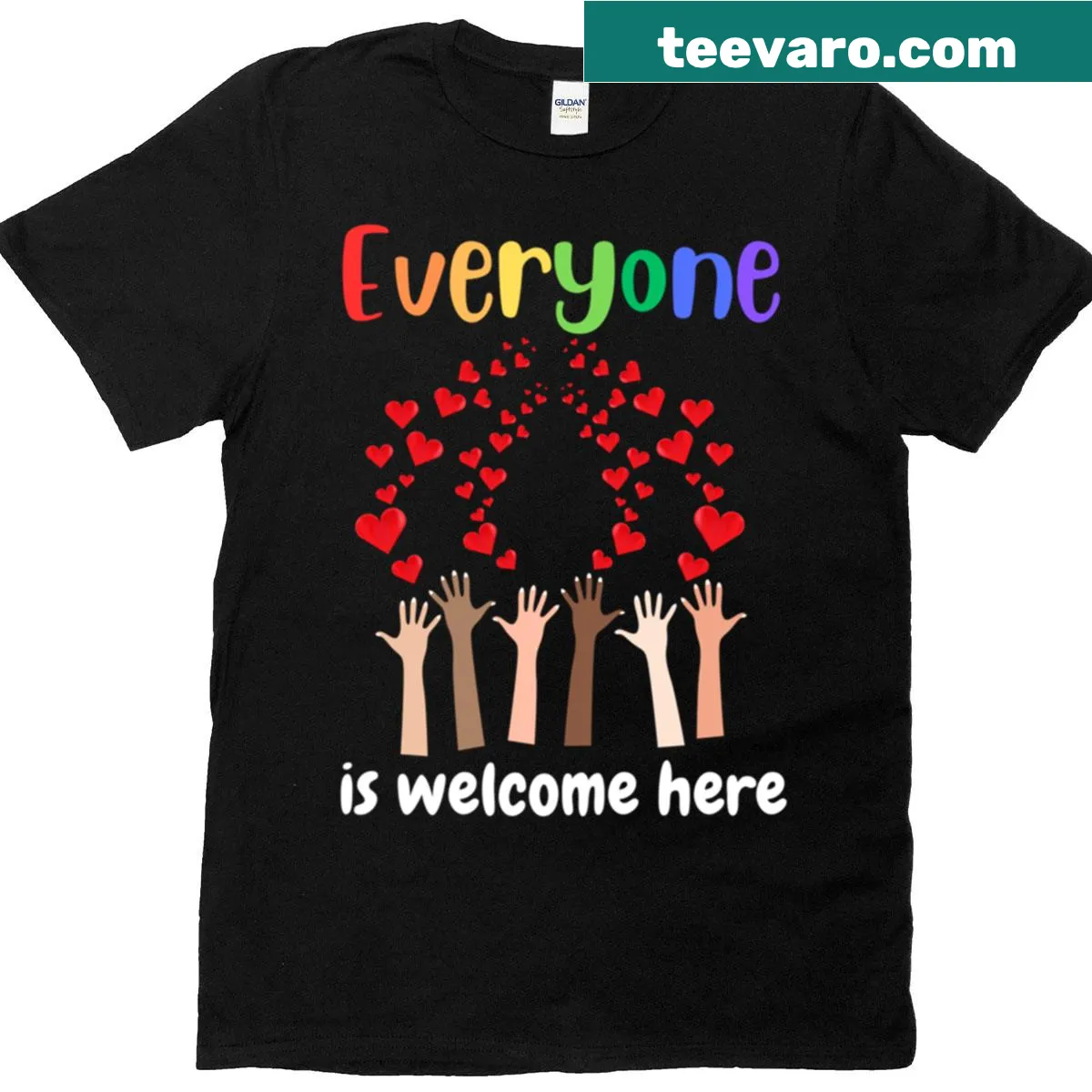 Graphic with raised hands and hearts for inclusivity on t-shirt — on a men's t-shirt