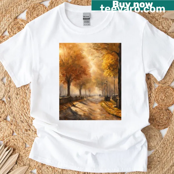 Urban fall-themed t-shirt with leaves and cityscapes