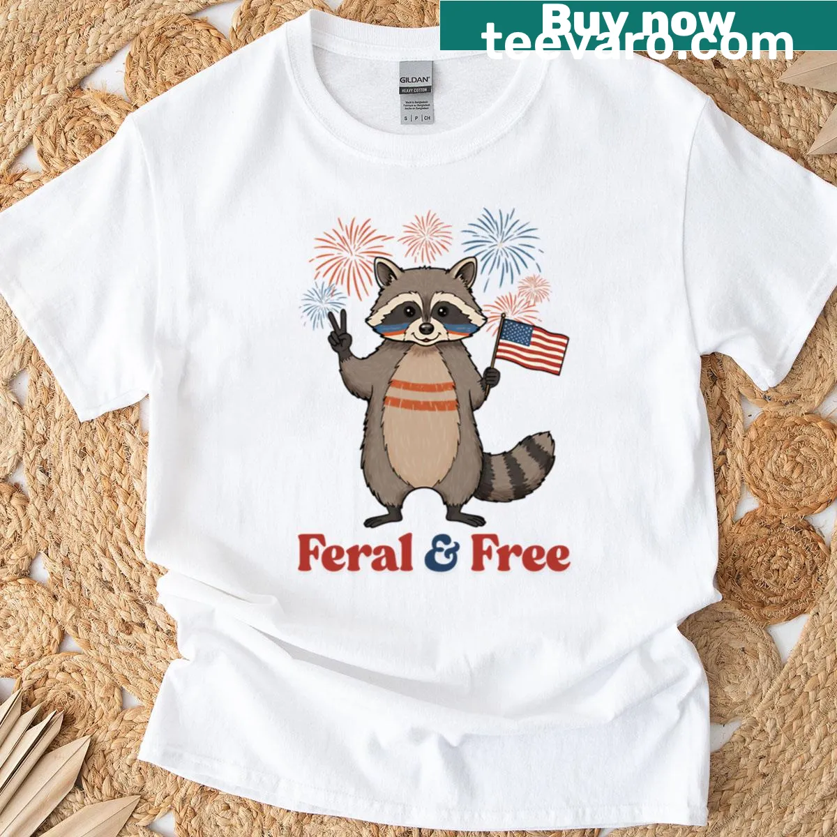 Patriotic raccoon graphic t-shirt for Fourth of July featuring a humorous design — on a men's t-shirt