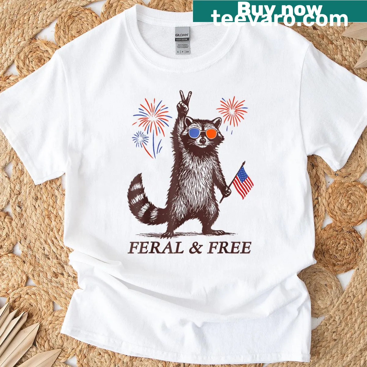 Funny raccoon T-shirt with patriotic theme for 4th of July — on a men's t-shirt