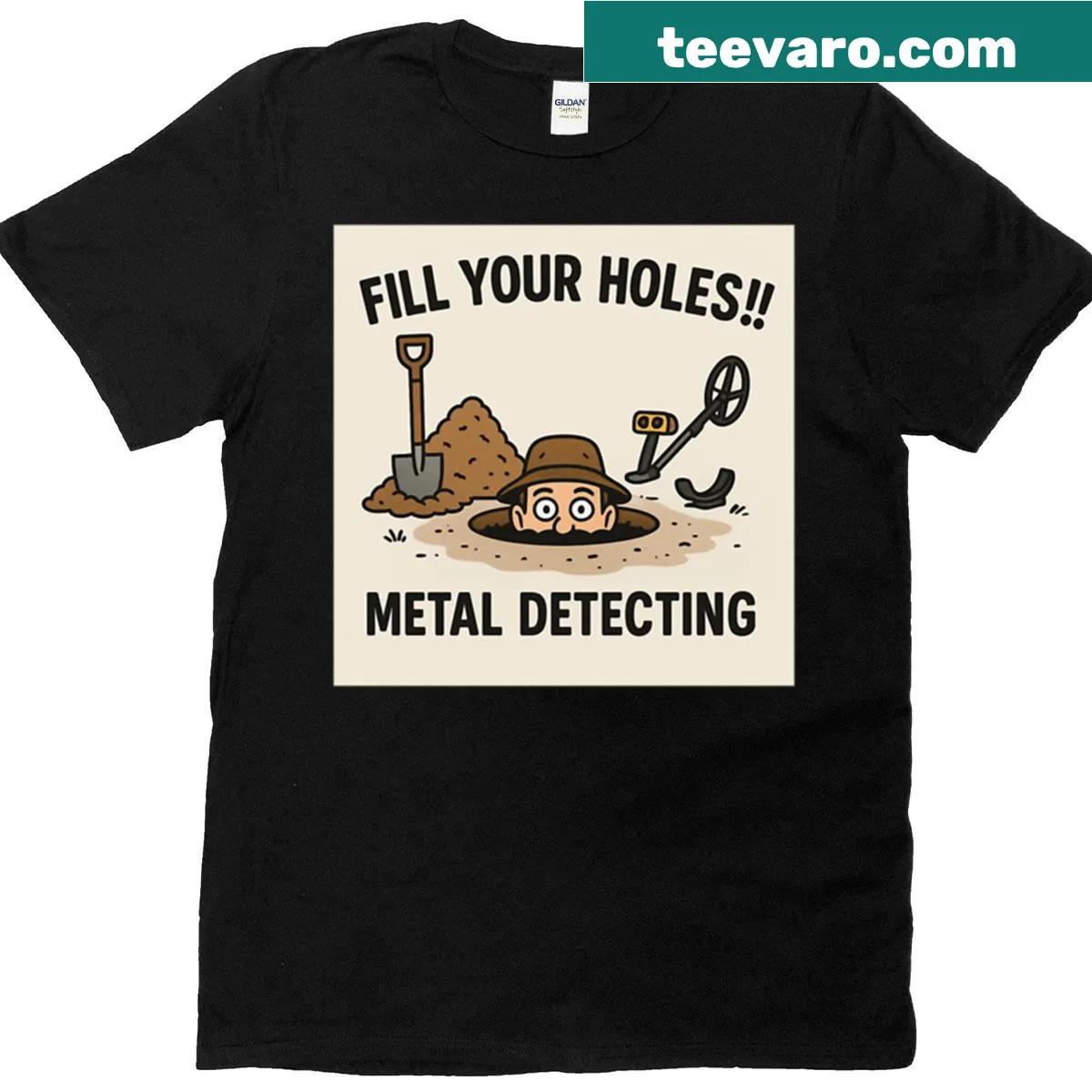 Playful T-shirt featuring a humorous metal detecting graphic. — on a men's t-shirt
