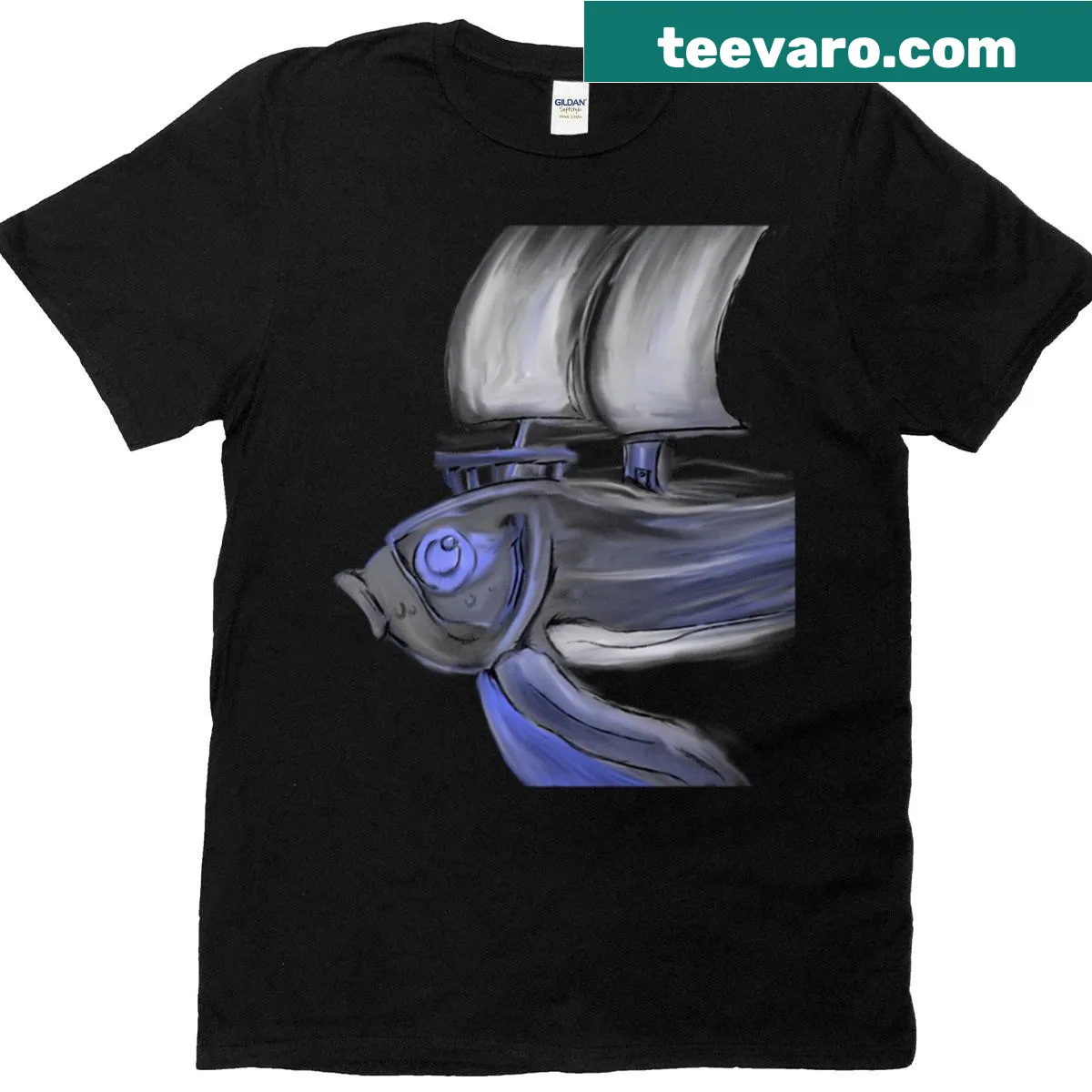 Cartoon graphic of a fish-filled ship on a fun T-shirt — on a men's t-shirt