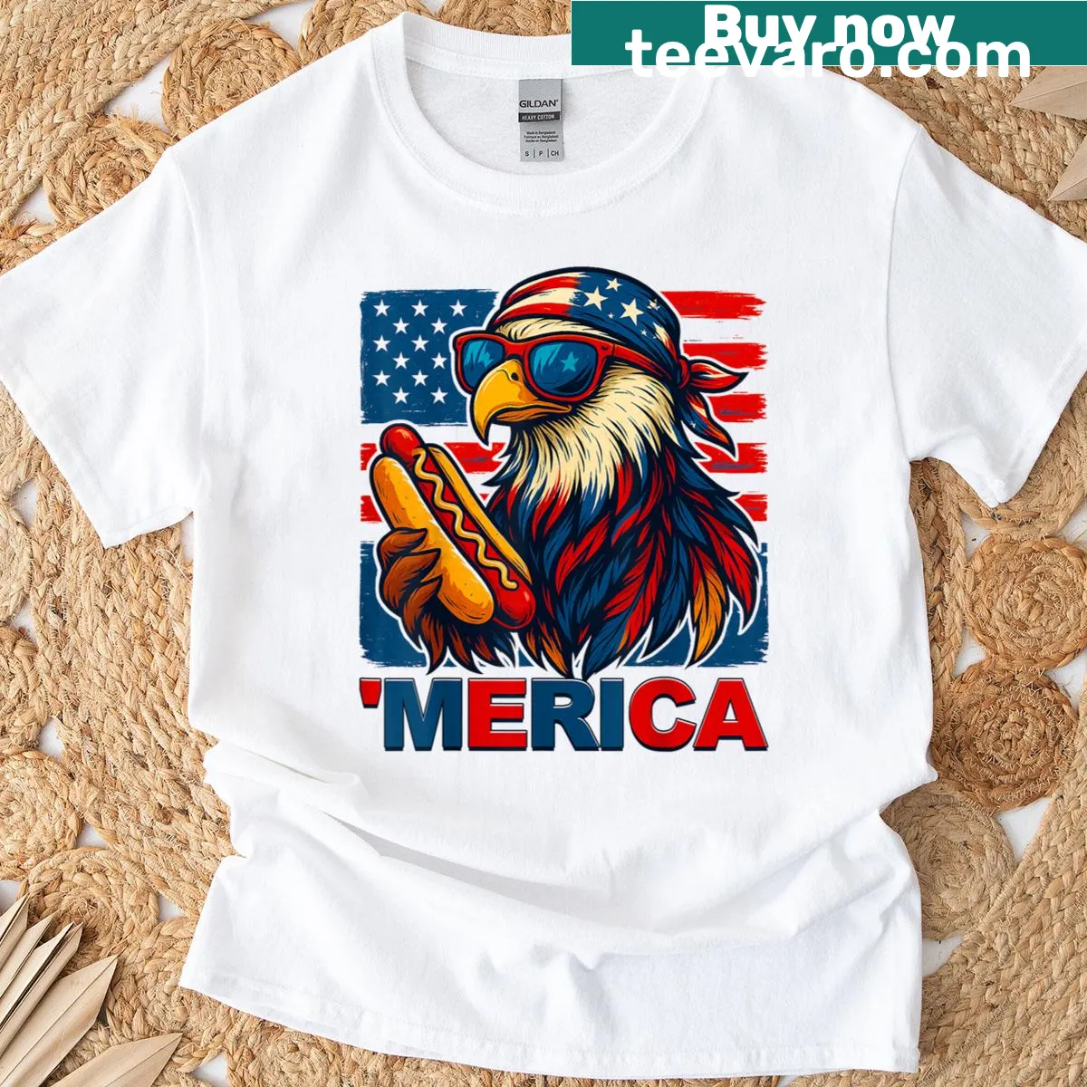 Eagle with a hotdog and USA flag in a humorous design — on a men's t-shirt