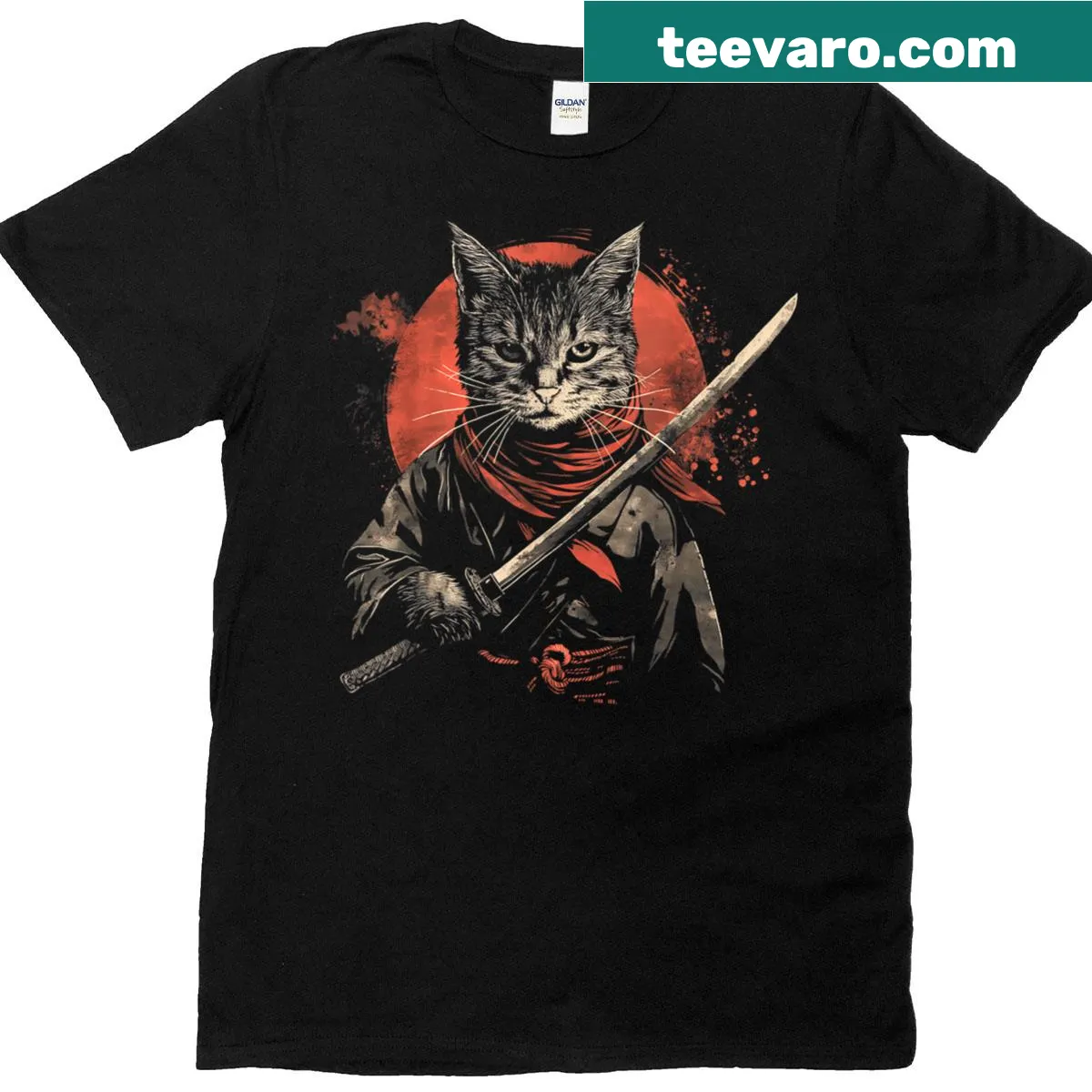 Vintage-style graphic of a samurai cat inspired by Ukiyo-e art — on a men's t-shirt
