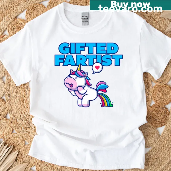 Funny unicorn cartoon engaging in art on a whimsical t-shirt.