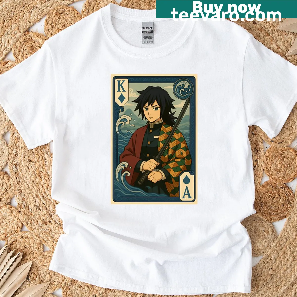 Demon Slayer Giyu Tomioka T-shirt featuring poker card illustrations — on a men's t-shirt