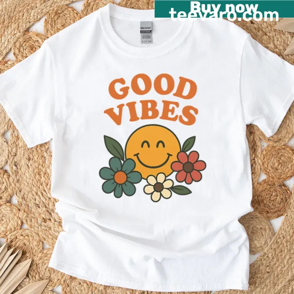 Good Vibes text graphic T-shirt in a clean, uplifting design